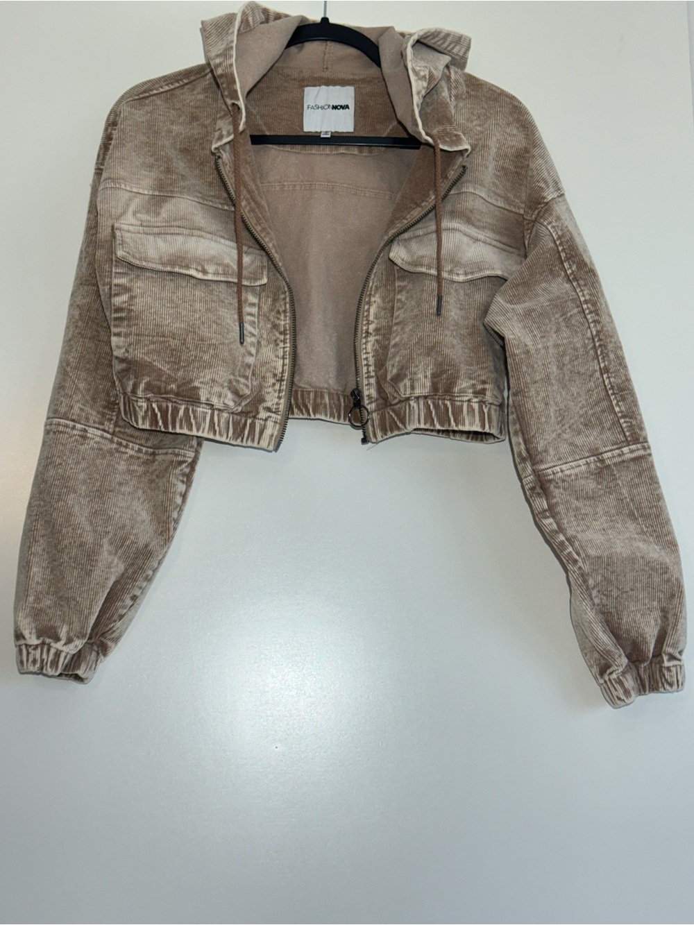 Fashion Nova Cropped Hooded Utility Jacket in Taupe